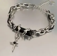十字架 ブレスレット チタン合金 シルバー クロスモチーフ チェーン 重厚感