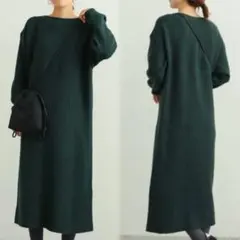 写真掲載あり DOORS ワイドリブ切替ニットワンピース　グリーン