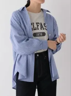 グローバルワーク お手入れラクラク フレンチリネンシャツ ストライプ ブルー