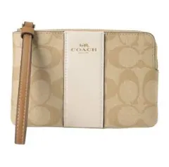 レディース　COACH コーチ　ポーチ　ロゴ　ストラップ付き　ベージュ