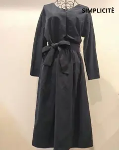 SIMPLICITÈ ダークネイビー 長袖ワンピース ウエストリボン付き
