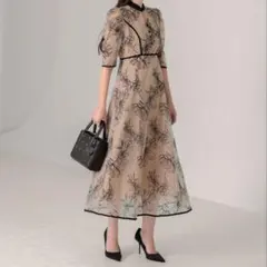 Leja 配色パイピング花柄ラメレースワンピースドレス