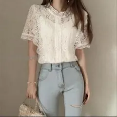ホワイト レース トップス 半袖