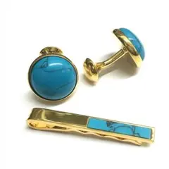 値下げ★高級品3点セット★天然石ターコイズ★カフスボタン&ネクタイピン★ゴールド