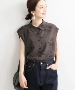 IENA ストライプフラワーノースリーブシャツブラウス 36