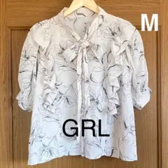 グレイル 花柄ボウタイフリルブラウス M ライトグレー 薄灰色 総柄 透け感