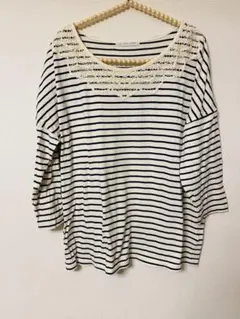 LOWRYS FARMレース衿7分袖ボーダーカットソー＊ホワイト/ネイビーM