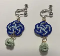 和モダン 水引イヤリング 梅結び ブルー ホワイト グリーン ハンドメイド