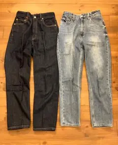 2本セットGLOBAL WORK デニム テーパードパンツ 濃紺＆ライトブルー