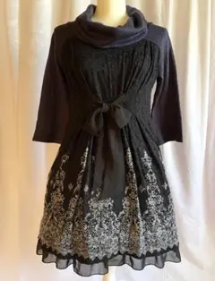 axes femme リボン付きワンピース 黒 ひざ丈 レース 花柄 Aライン