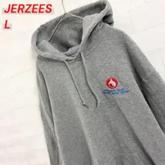 JERZEES フーディ 短丈 L グレー USA古着 企業ロゴ 刺繍 パーカー