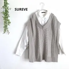 シュリーブ　ケーブルニットドッキングベスト　シャツ付き　重ね着風　サイドリボン