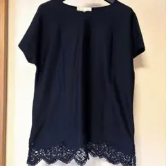 自由区 オンワード チュニック 半袖 カットソー ブラウス ネイビー レース刺繍のサムネイル
