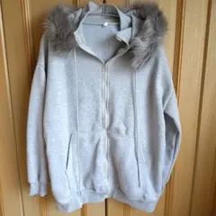 【新品】　ファーフード付きパーカー　L~XL グレー　裏起毛