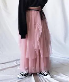ミームセレクト タックアシンメトリーボリュームチュールスカート ピンクのサムネイル