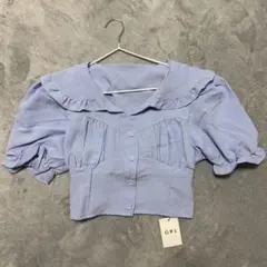 新品タグ付き◇ 水色フリル パフスリーブ チェックシャツ トップス ブラウス
