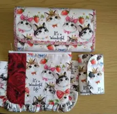 【最終価格】長猫柄 やりくり長財布 ハンドメイド キーケース ポーチ セット