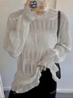 シアートップス フリル ホワイトシャツ フリーサイズ