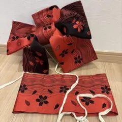 赤と黒の花模様 浴衣帯