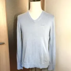 メンズ【美品 アルマーニエクスチェンジ】M 青 刺繍 ロゴ 綿 薄手 V ニット