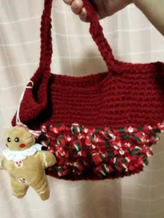 赤い編み物トートバッグ高さ16cm
