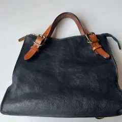 ネイビーレザー ハンドバッグ 茶色ストラップ