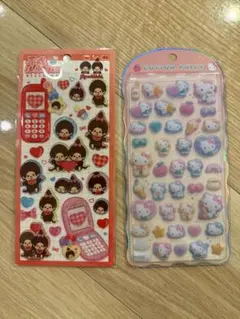 【新品】モンチッチ 平成はぴふぉん ＆ ハローキティ コットンパフ シールセット