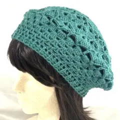 グリーン　レース編み　ベレー帽　アクリル　ハンドメイド