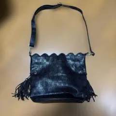 黒 スカル柄 ショルダーバッグ フリンジ付き