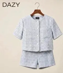 美品 Dazyツイード柄セットアップ半袖ジャケット×ショートパンツ水色S/M