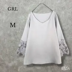 ♡【新品】グレイル【L】レーススリーブVネックトップス ブラウス 七分袖 ブルー