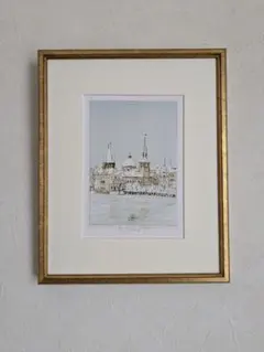 チェコの画家 イジー・ハディマ プラハの橋 リトグラフ 版画 額縁 額装