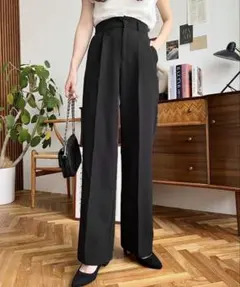 moment+ カットジョーゼットセンタープレスストレートスラックスパンツ L