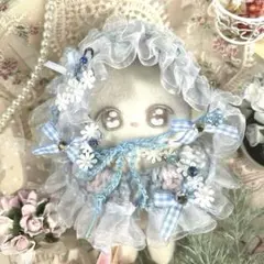 ぬい服 12cm ヘッドドレス 水色 ミックス織 ギンガムリボン