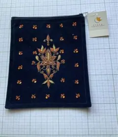 刺繍ビーズ装飾 ネイビー ポーチ