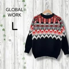 グローバルワーク　ノルディック柄セーター　ウール　ラグラン袖　黒　赤