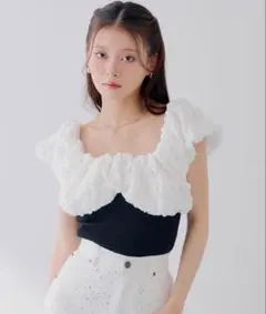 【SALON by Chico】ジャガードパフスリーブドッキングニット　ブラック