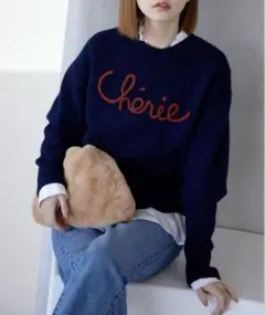 【SLOBE IENAスローブイエナ】cherie刺繍ニット　ネイビー