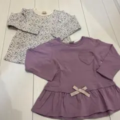 紫ハートポケットと花柄長袖カットソー　２点セット　プティマイン