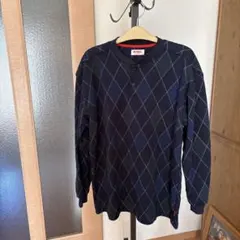 美品　ホカロン　ネイビー ダイヤモンドパターン 長袖パジャマ　LL