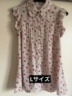 SALE 花柄と水玉模様　ノースリーブ　二重フリル袖付きブラウス　Lサイズ