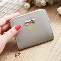 リボンレザー財布（グレーラウンドファスナーキッズサイフミニウォレット女の子010