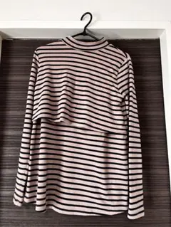 授乳服 M ベージュネイビー ストライプ