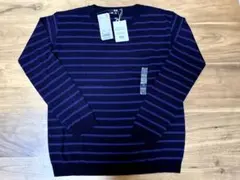 UNIQLO エクストラファインメリノウール セーター M ネイビー/ストライプ