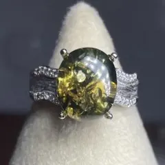 天然石リング　グリーンアンバー　高透明シラー　緑　12*10mm SV925刻印