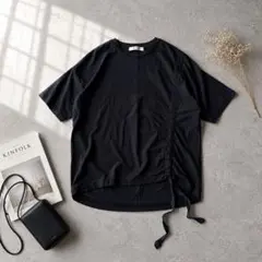 N172 ナノユニバース Tシャツ シャーリング 半袖 38 黒 大人カジュアルのサムネイル