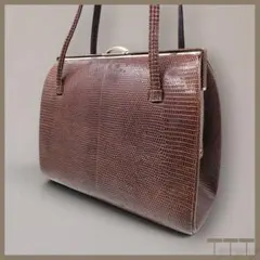 希少 タートルレザー がま口ハンドバッグ 茶 小銭入れ付 ヴィンテージ 