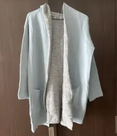 ニット　カーディガン　水色　ブルー　グレー　ノーカラー　フード