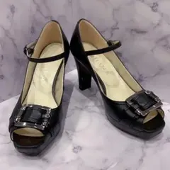 極美品 DIANA ブラック レザー オープントゥ ハイヒール