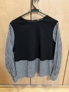 ZARA コンビトップス シャツ ブラウス 長袖 ブラック チェック柄 M